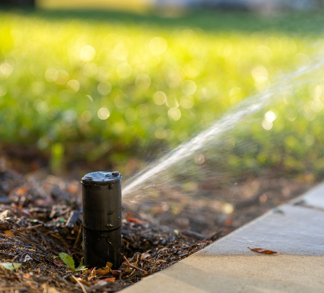 Automatic lawn sprinkler watering a green residential lawn