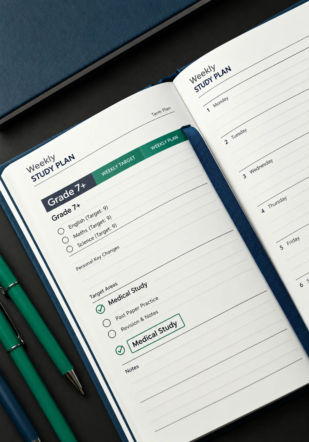 Close-up of a structured academic planner focusing on Grade 7+ targets