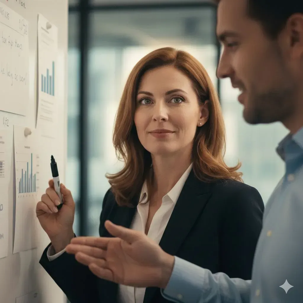 A women and men discussing work