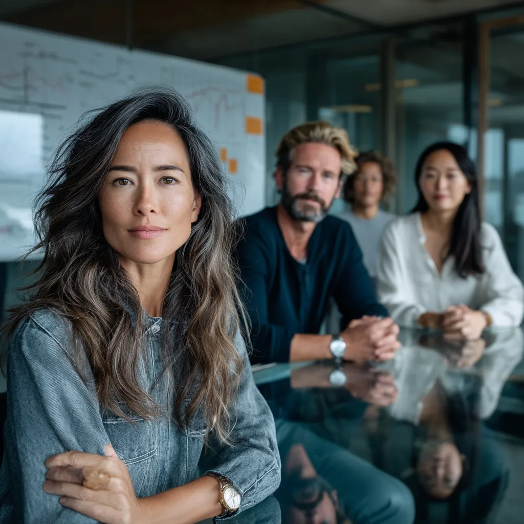 A women and men discussing work