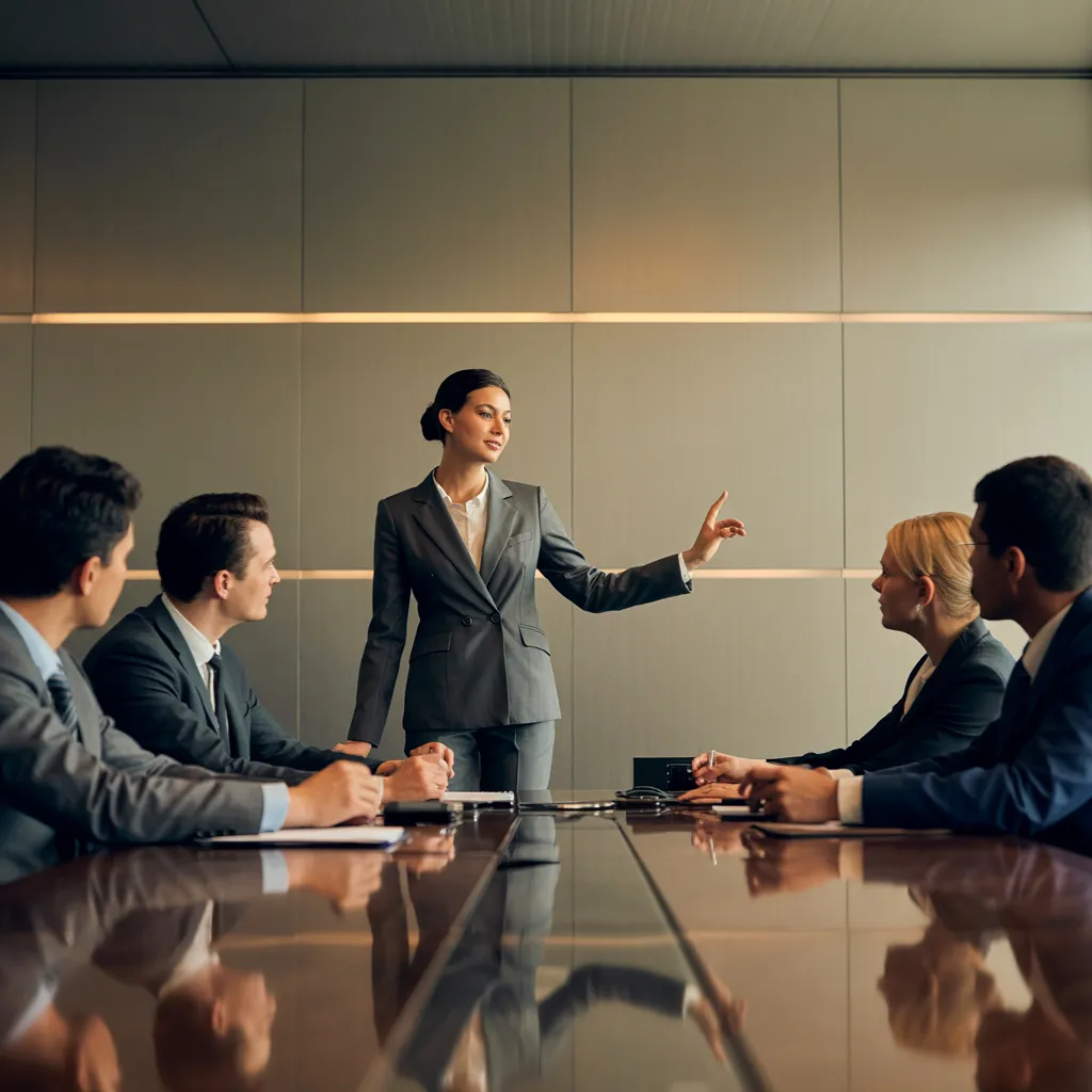 Corporate boardroom meeting with female executive presenting to business team, formal conference room setting