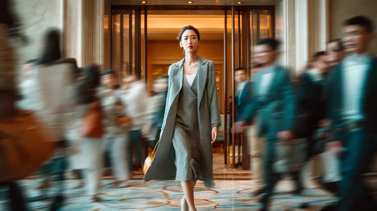 Confident business leader striding through a busy lobby, embodying executive presence and strategic leadership.