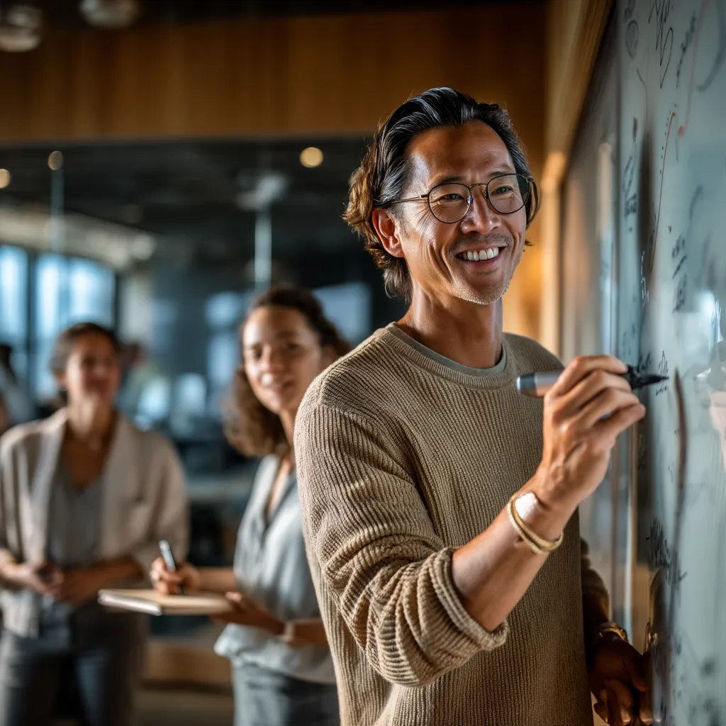 Corporate training coach teaching communication frameworks at a whiteboard with engaged participants