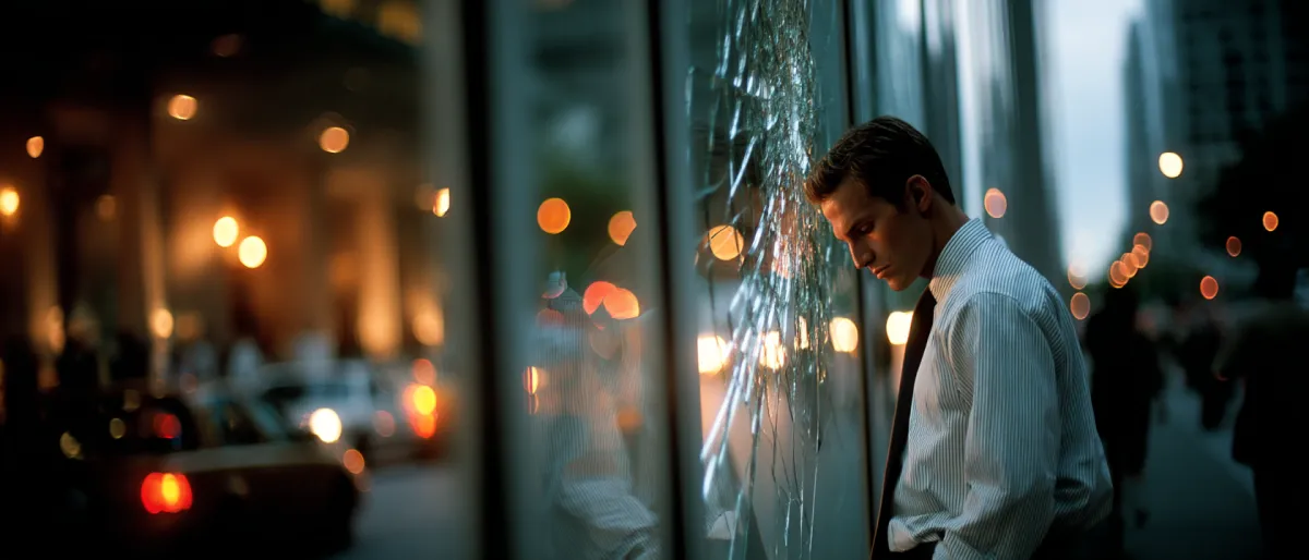 Stressed professional leaning against cracked glass at dusk in the city, reflecting burnout and a breaking point before change.
