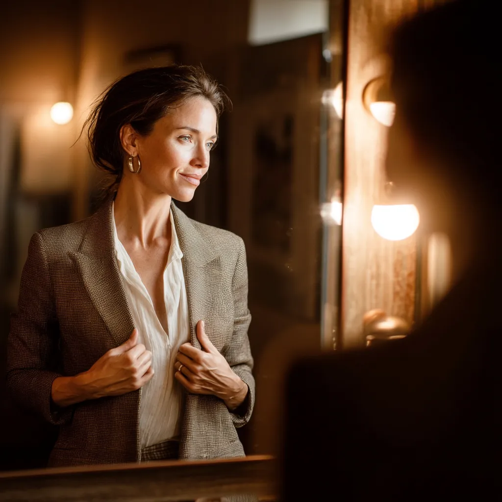 Leader adjusting blazer in the mirror, embodying identity‑level change and executive presence through coaching