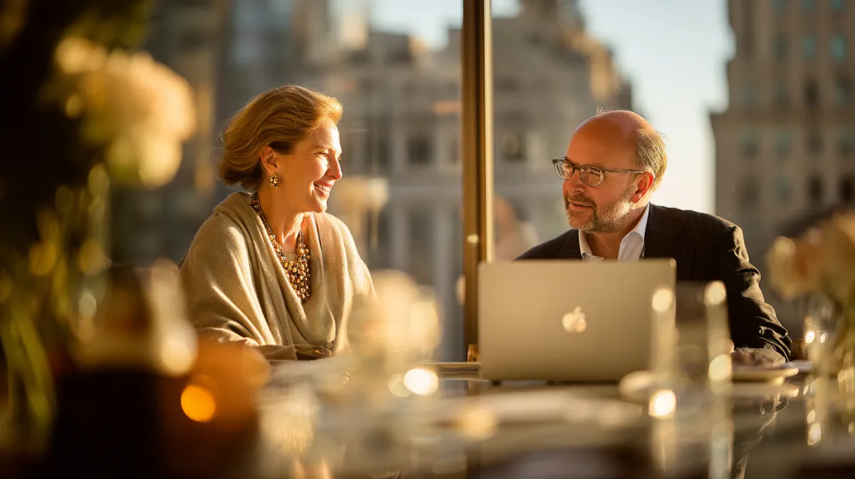 Senior leaders reviewing measurable transformation results on a laptop—engagement, turnover reduction, and change adoption improvements.