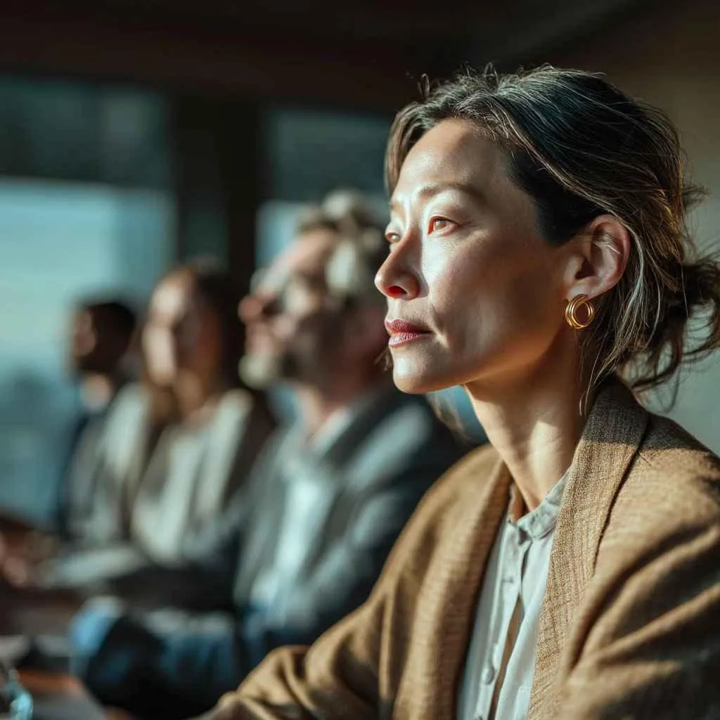 A woman in a professional setting, looking thoughtfully out the window during a meeting