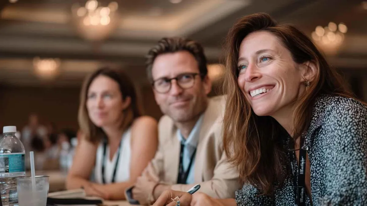 Three colleagues at a business event, sharing a moment of laughter and connection.