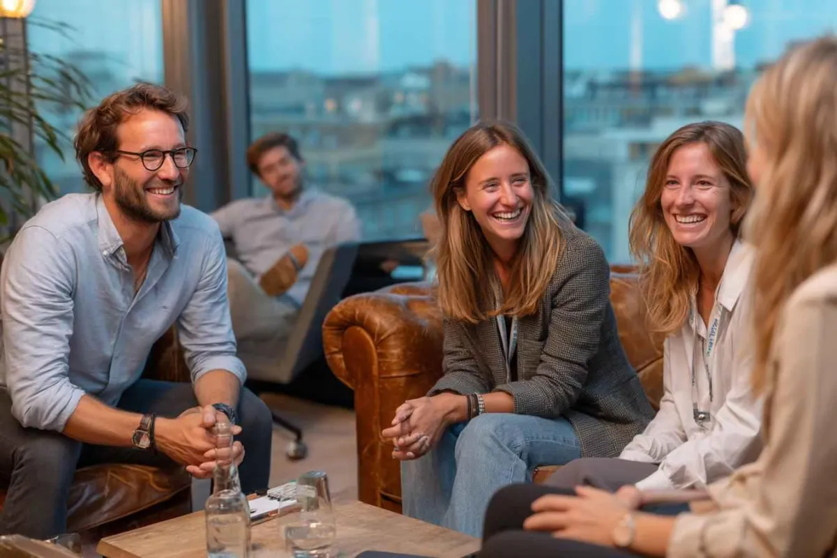 A group of professionals laughing and enjoying a conversation in a cozy, modern office setting