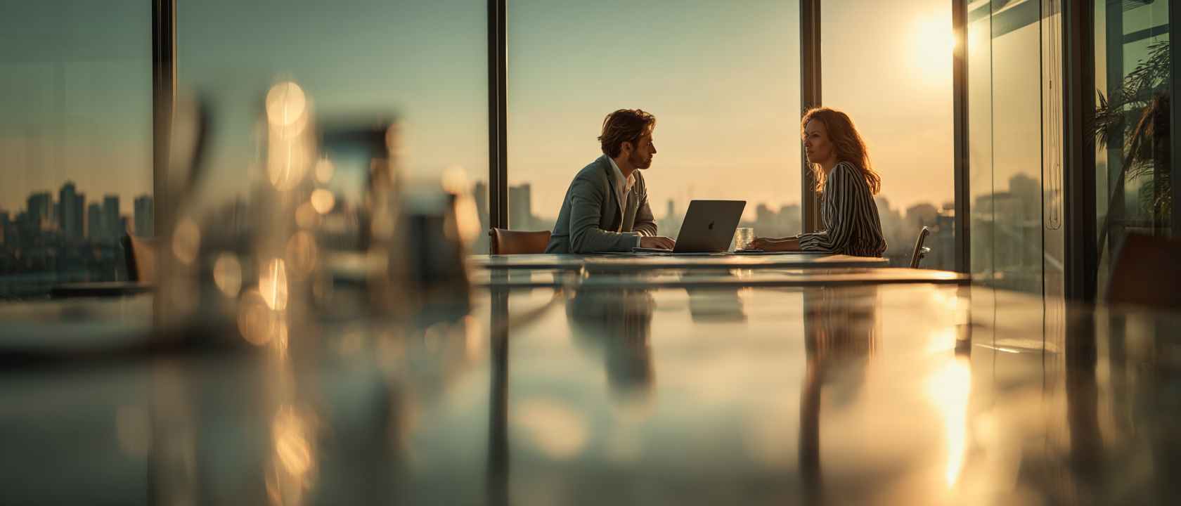 wo professionals engaged in a conversation in a modern office, with the city skyline and sunset in the background