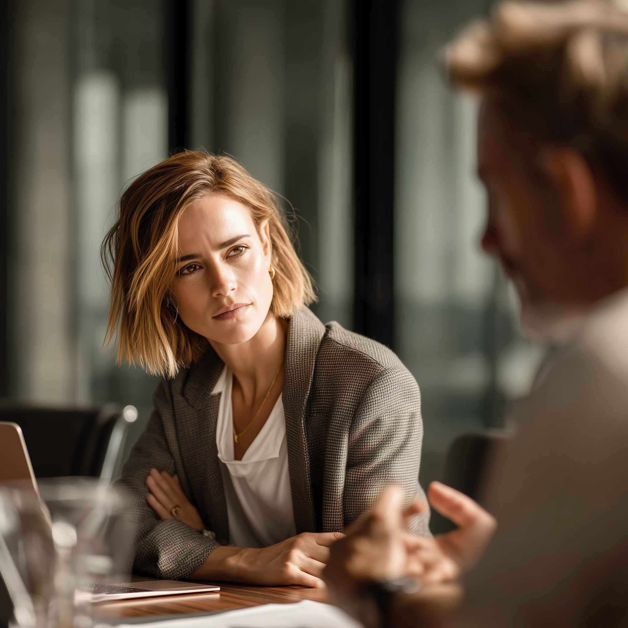 Professional woman with short hair in a business meeting, listening attentively to a colleague during a conversation in a modern office.