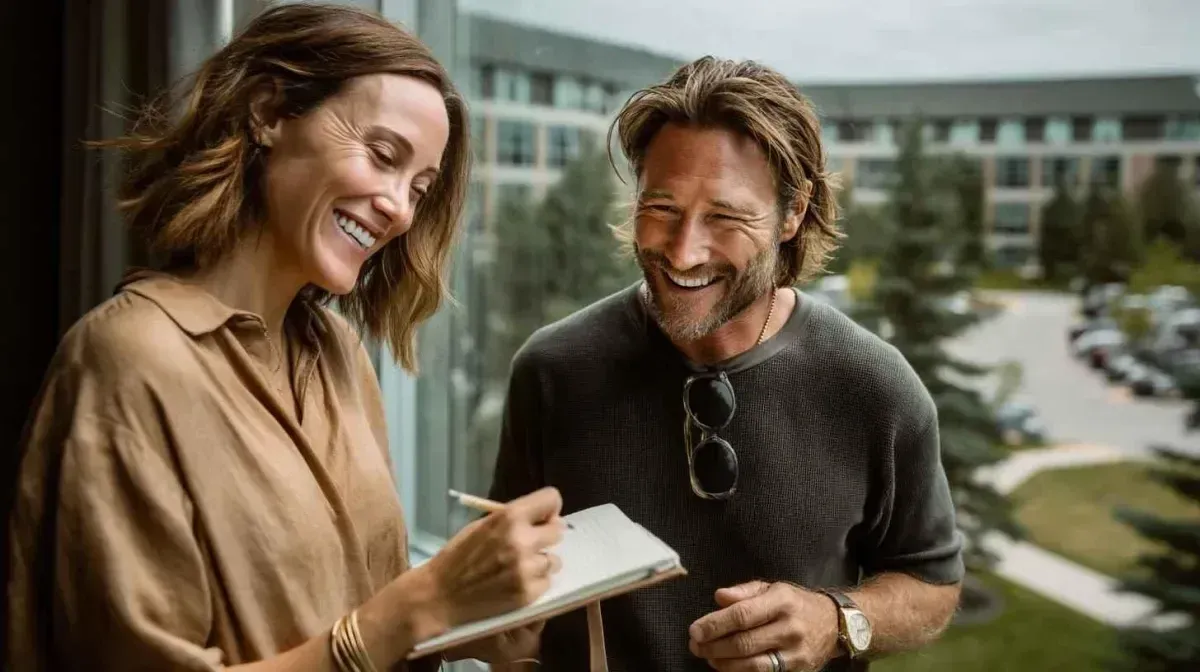 Smiling woman writing in a notebook and man with a beard, both in a friendly conversation while standing by a large window with a scenic outdoor view