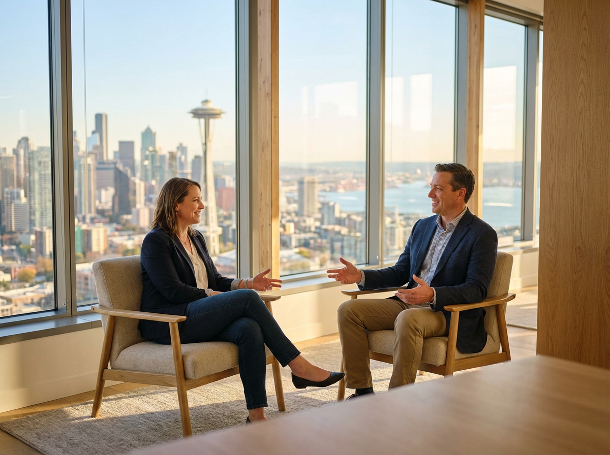 Professional business leader demonstrating effective communication skills during a confident workplace conversation in a Puget Sound region office