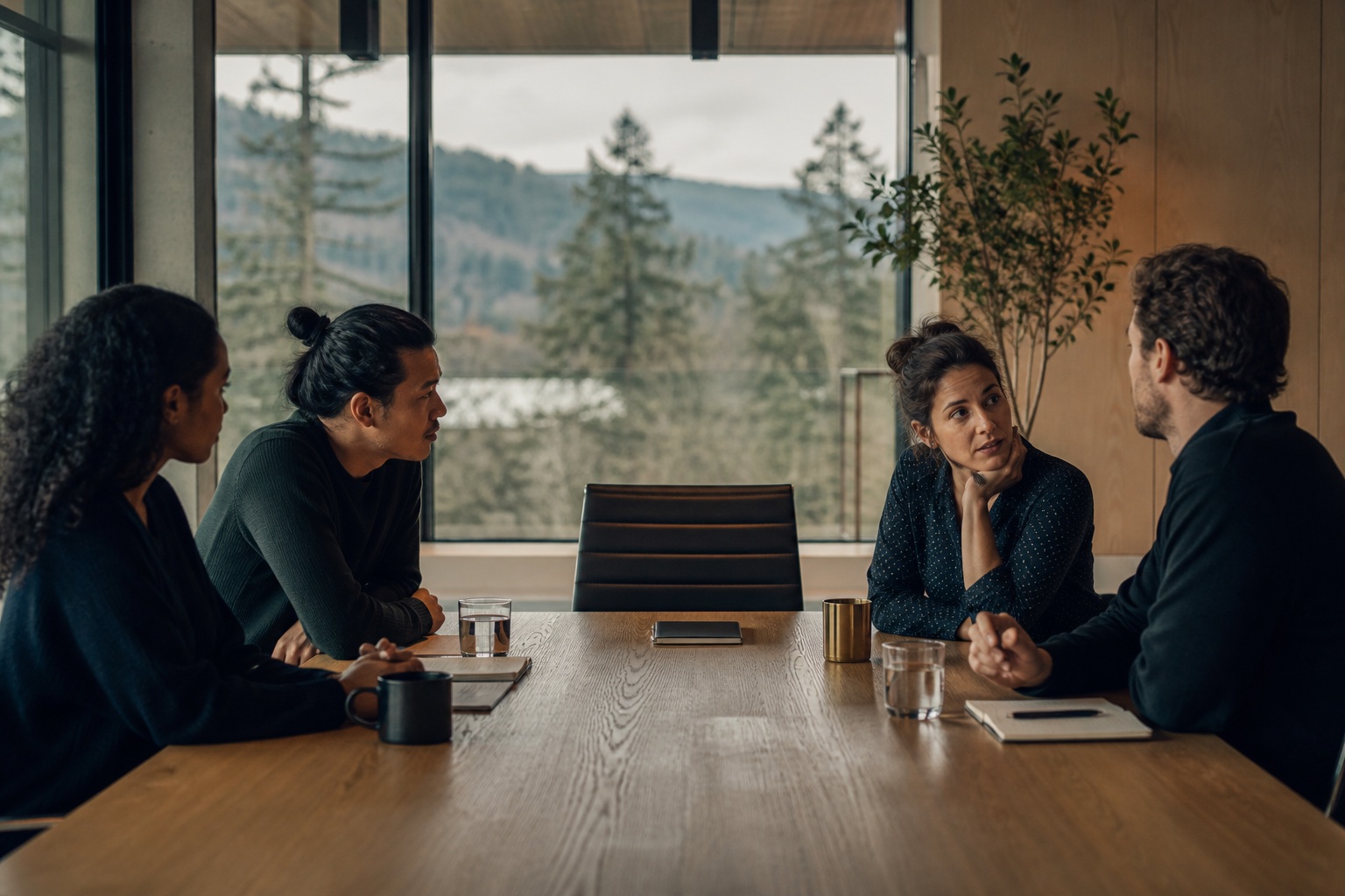 Four coworkers exchange uncertain glances around an empty chair at a meeting table, illustrating an information vacuum at work