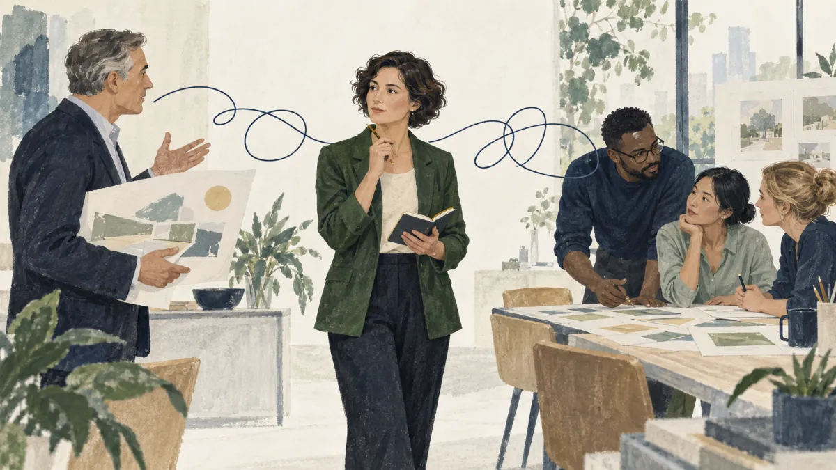 A project leader stands between an executive and a team, with a looping navy line connecting their conversations.