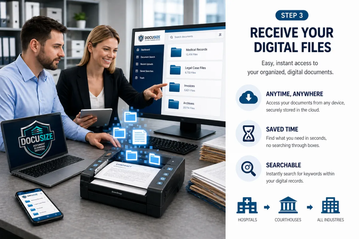 business professionals accessing organized digital documents on computer and mobile devices