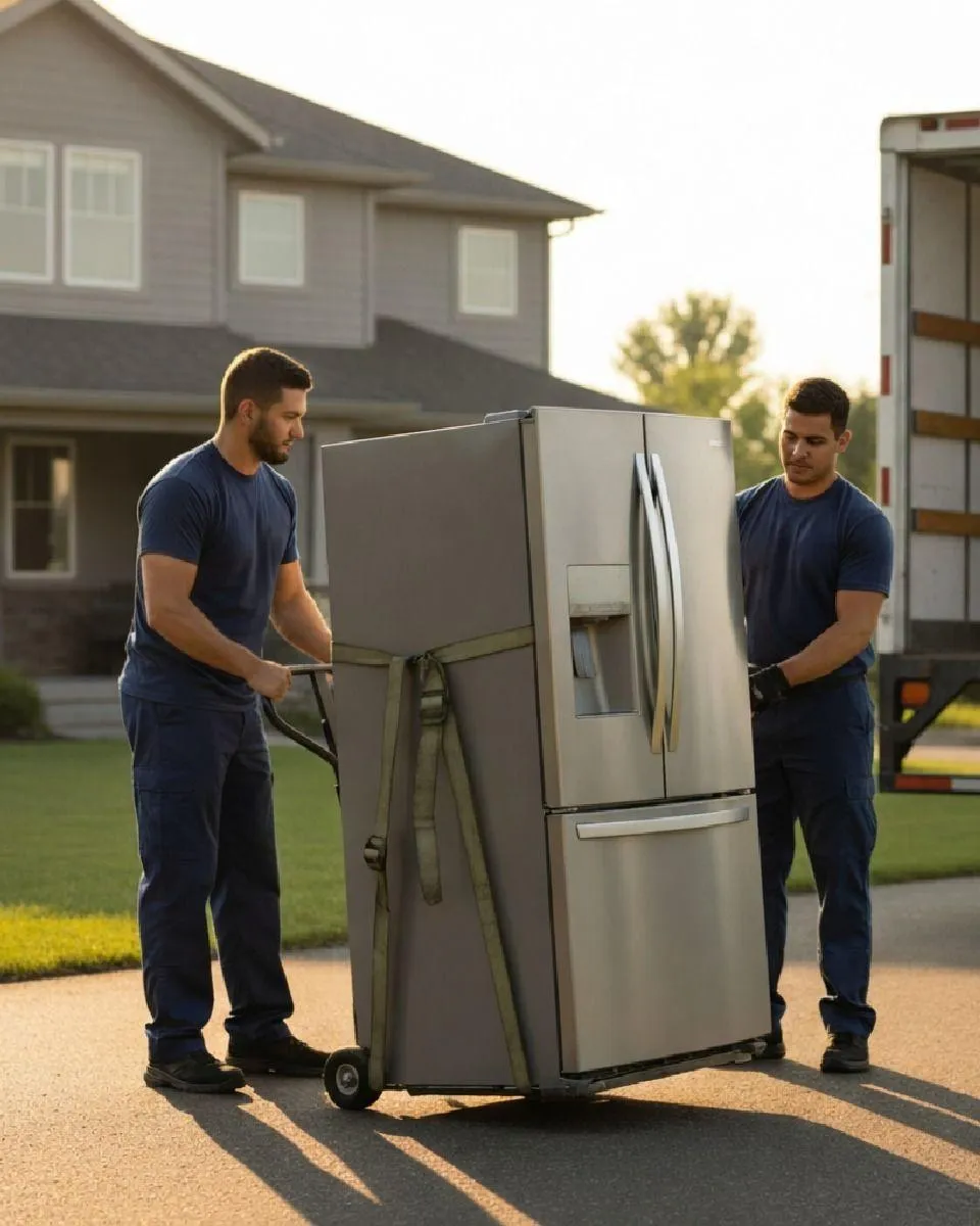 crew carrying away a refridgerator