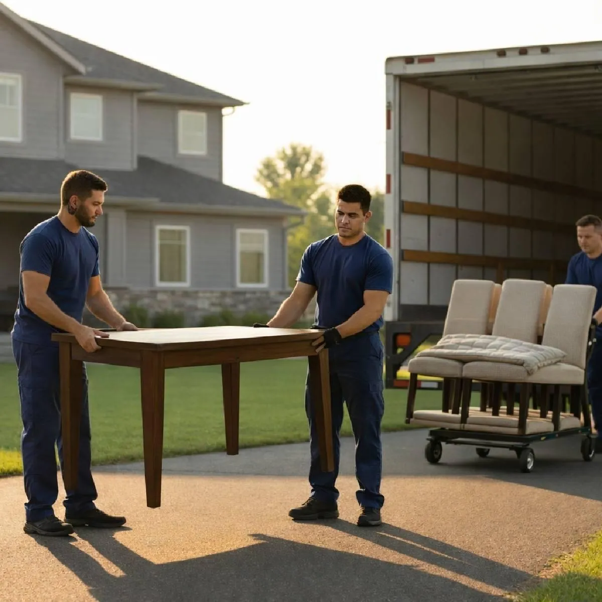 Columbus Ohio crew carrying away a dining room table and chairs