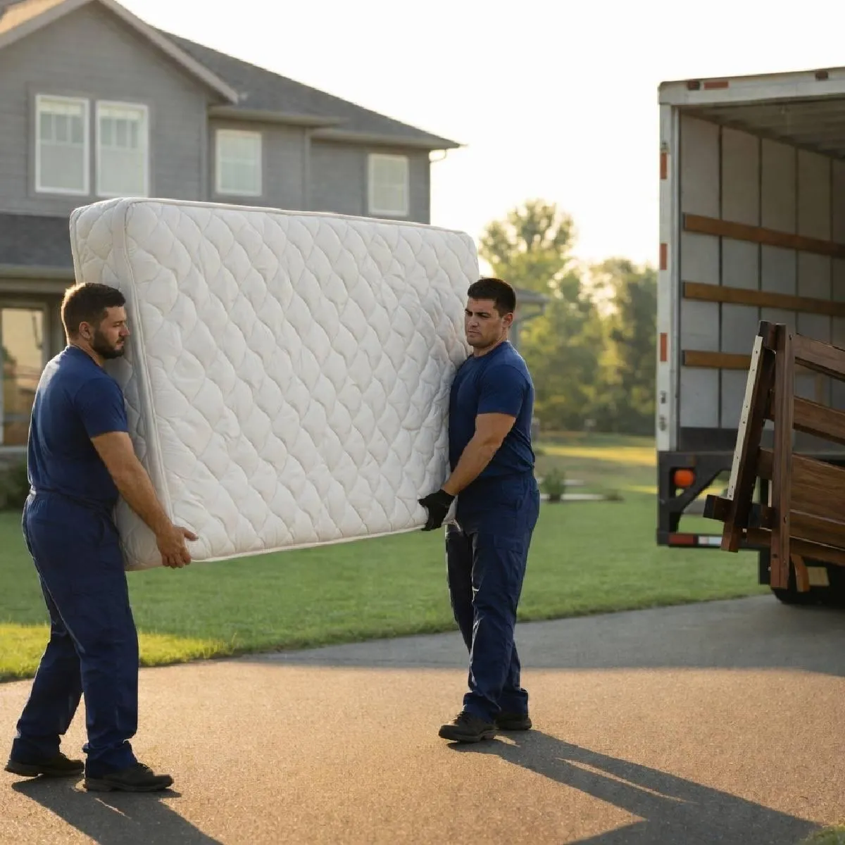 crew carrying away a mattress and bed frames