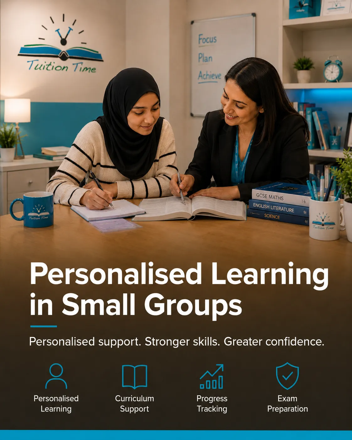 Tutor and child smiling during a learning session