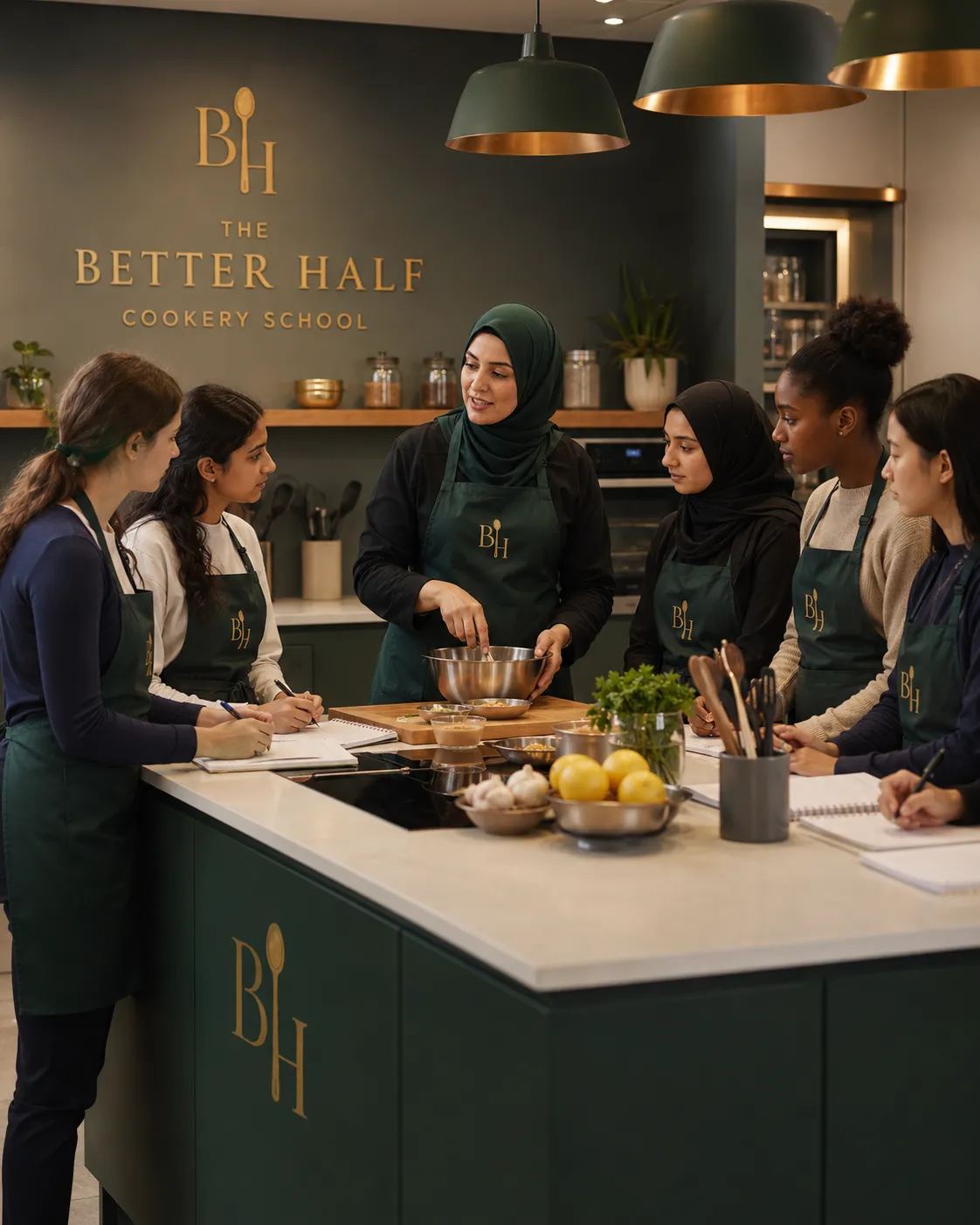 Teenagers actively learning knife techniques and culinary skills in a bright domestic kitchen environment