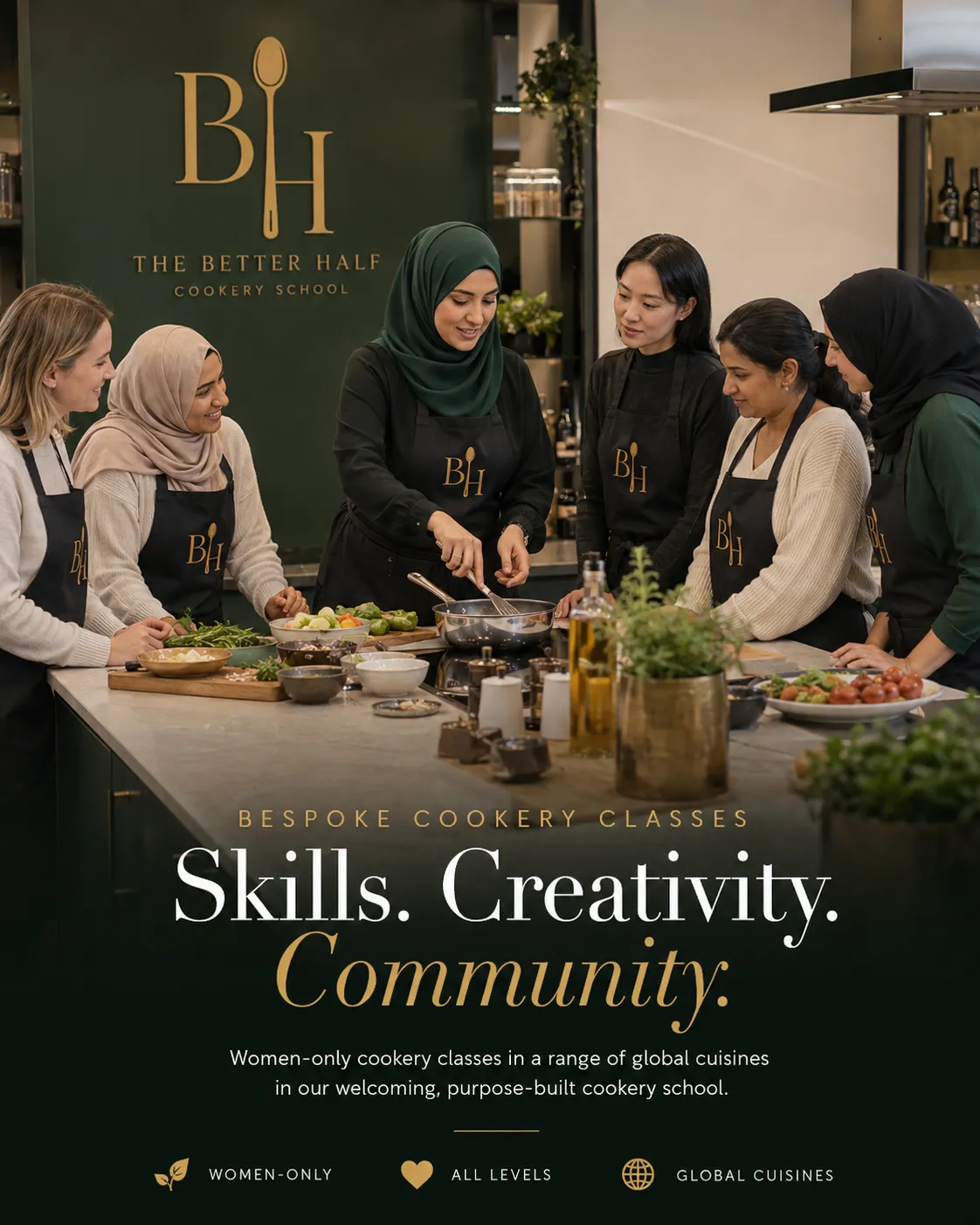 Warm kitchen atmosphere where students learn practical cooking skills together