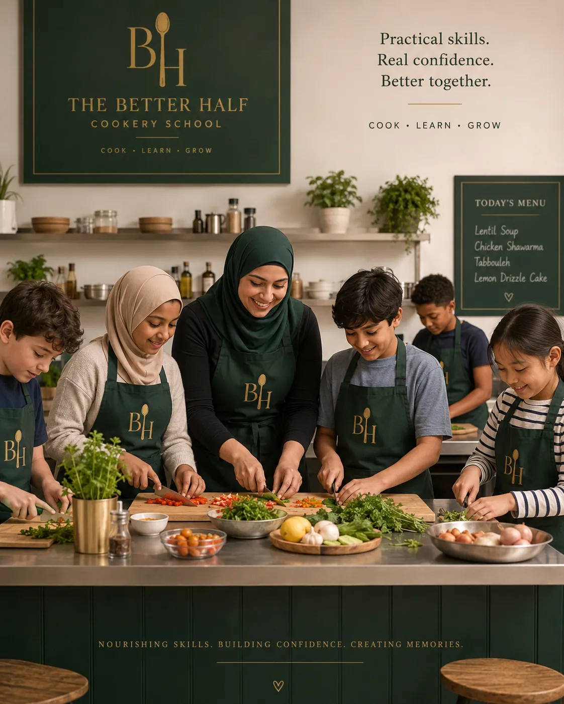 Young students actively learning cooking techniques in a bright domestic kitchen in Huddersfield