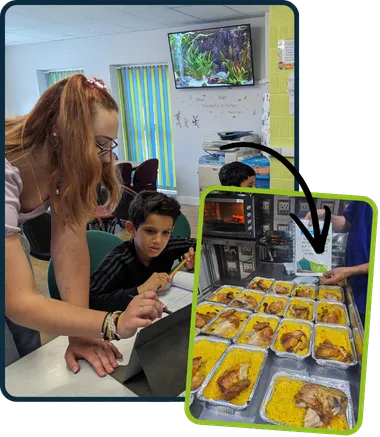 a child leaning at Tuition Time and the feees generated going to feed people in need