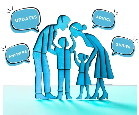 Paper-cut illustration of a family with speech bubbles reading Answers, Advice, Guides and Updates, representing the Parents’ Hub from Tuition Time Hub