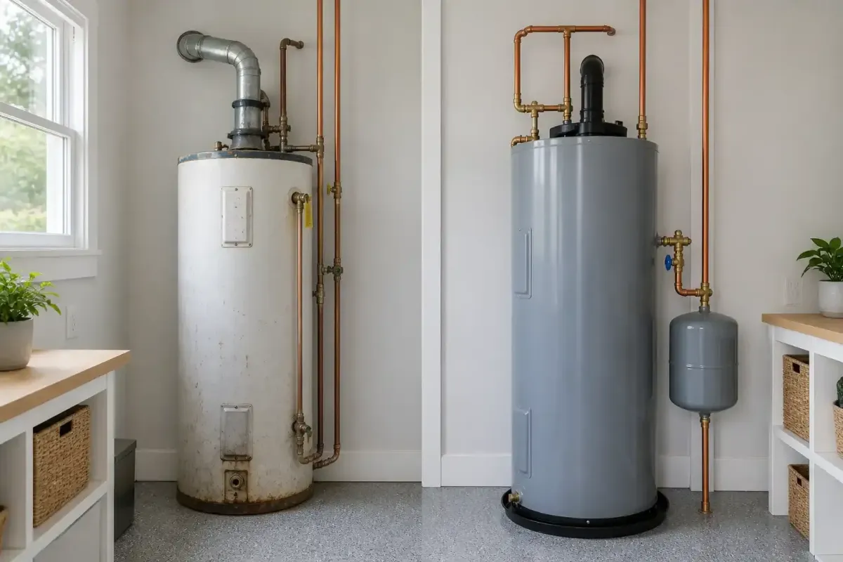 Before and after of a water heater installation in Pot Jefferson Station, NY