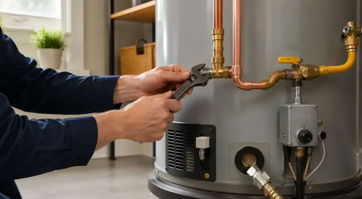 Plumber repairing gas water heater copper pipe connections in Port Jefferson Station NY