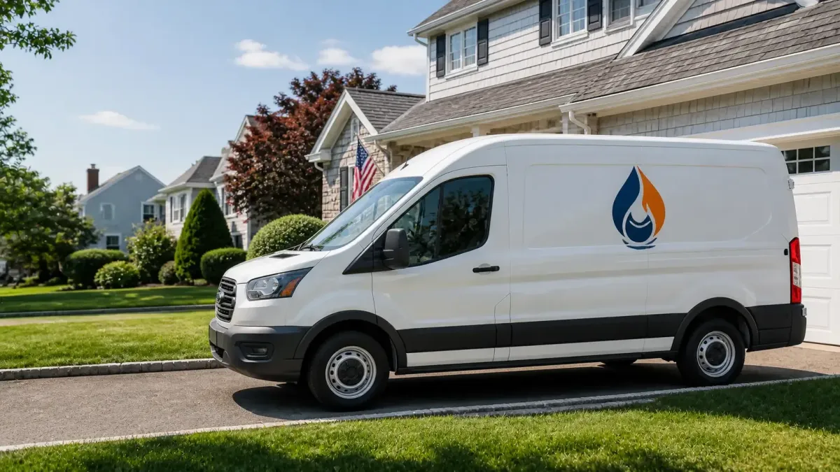 Suffolk Water Heater Pros service van parked outside a home in Port Jefferson Station NY