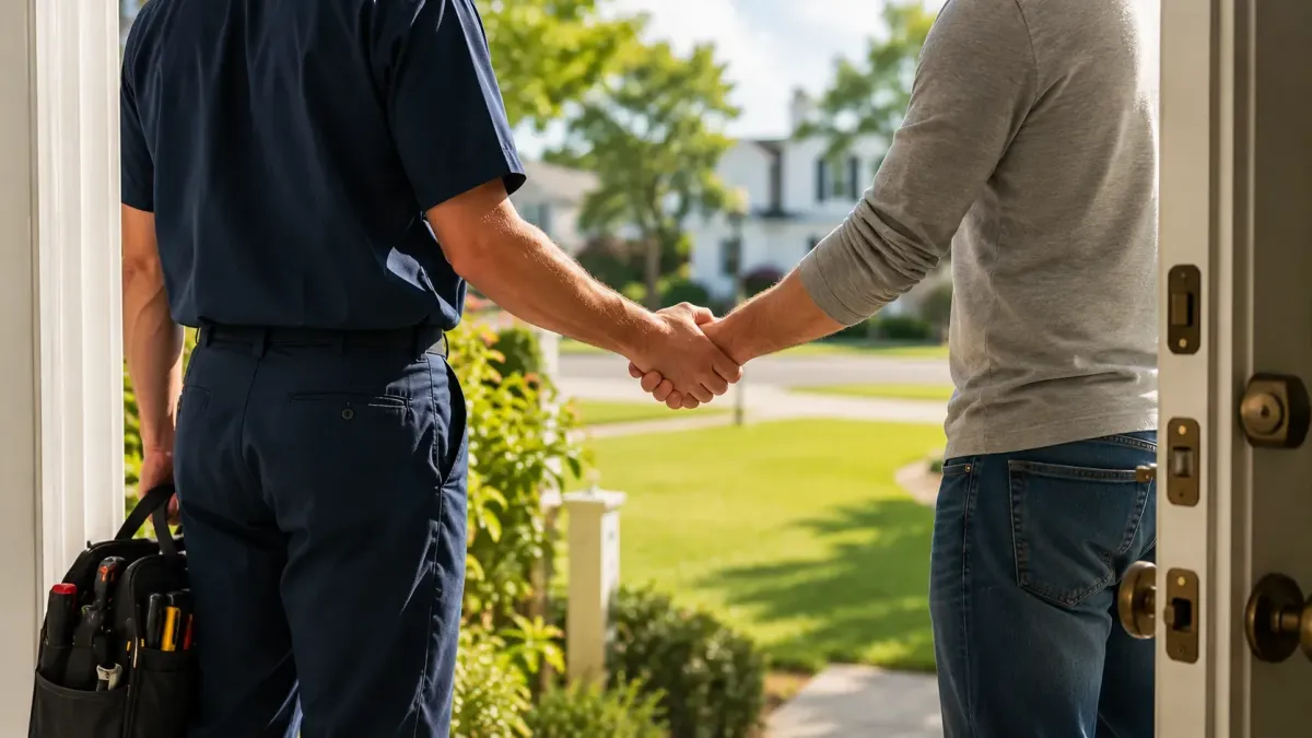 Suffolk Water Heater Pros specialist shaking hands with a homeowner in Suffolk County NY
