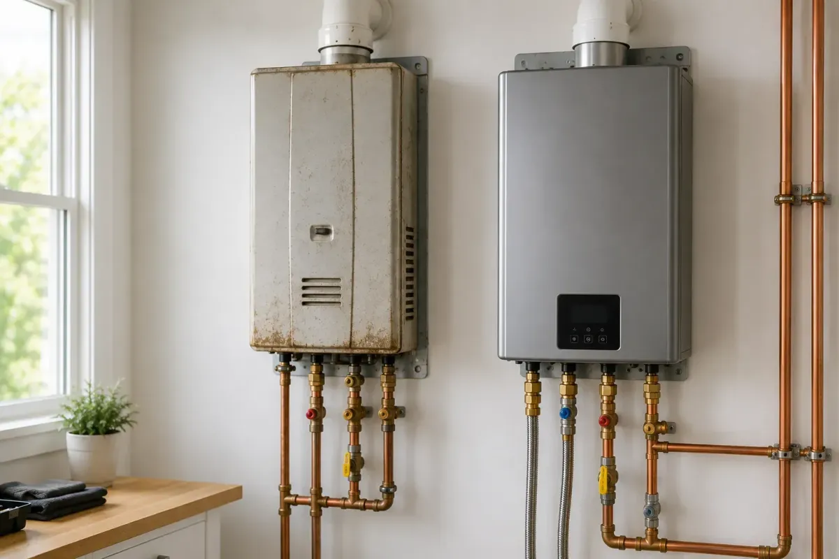 Old tankless water heater next to new replacement unit in Port Jefferson Station NY
