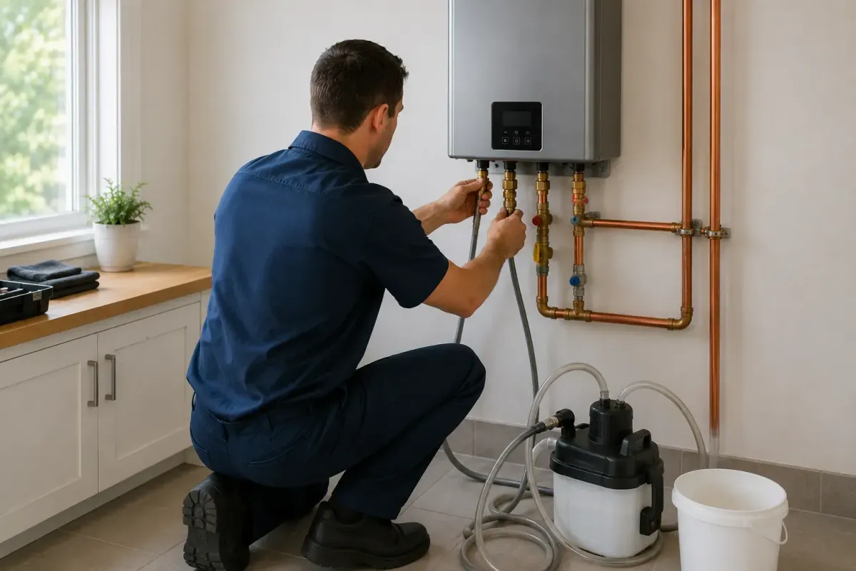 Technician performing tankless water heater descaling maintenance in Port Jefferson Station NY