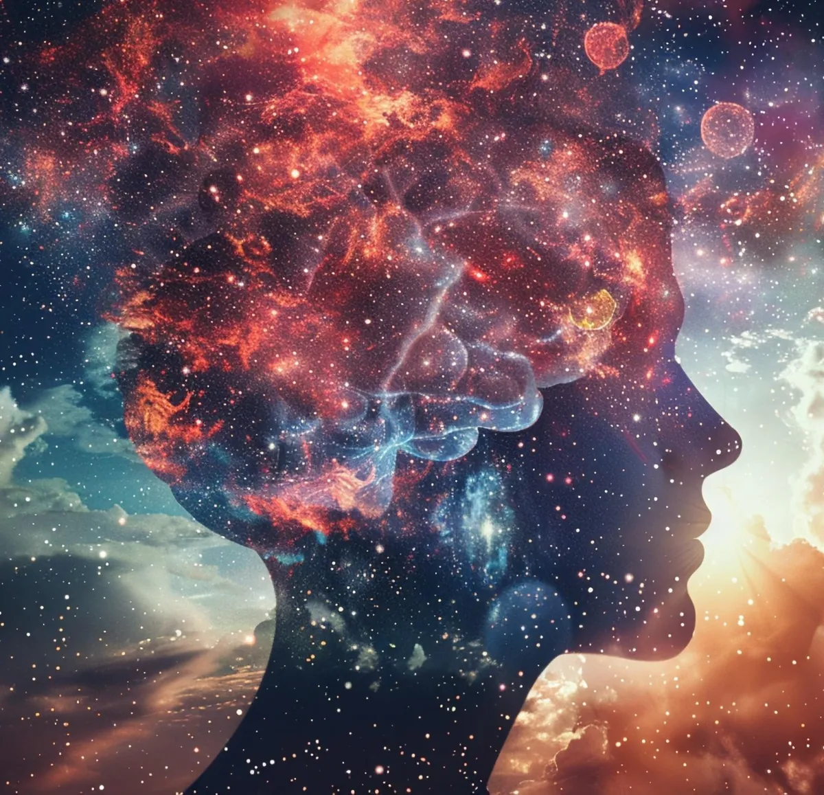 Cosmic mind image with face and beautiful clouds