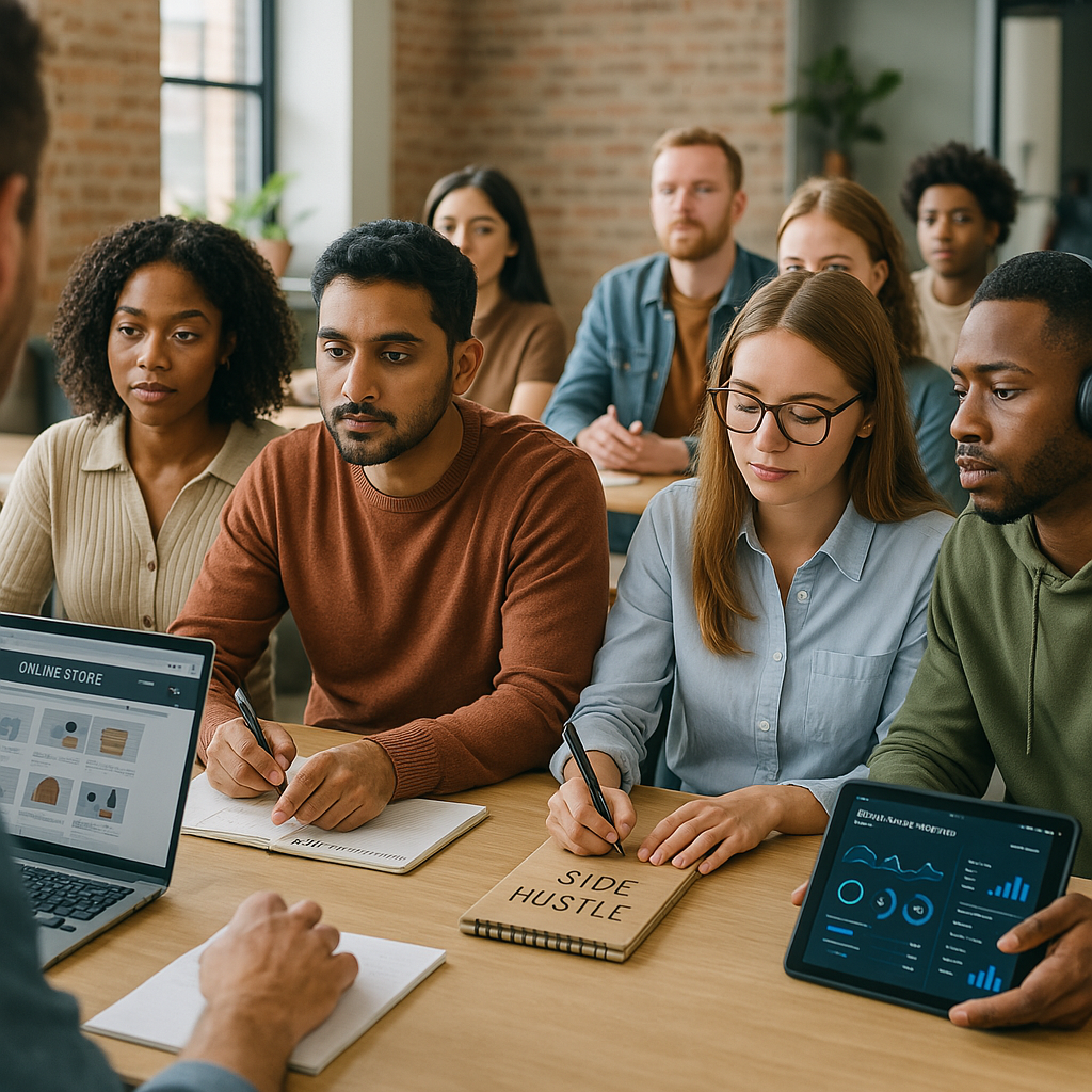 Photorealistic image of a modern, tech-savvy classroom with diverse students including entrepreneurs, side hustlers, college students, 9–5 workers, and digital creators. Students are engaged—one browsing an online store, another taking eCommerce notes, a business casual attendee writing in a side hustle notebook, and a content creator analyzing social media on a tablet. The space features natural lighting, laptops, and a creative co-learning vibe, captured with DSLR-quality realism.