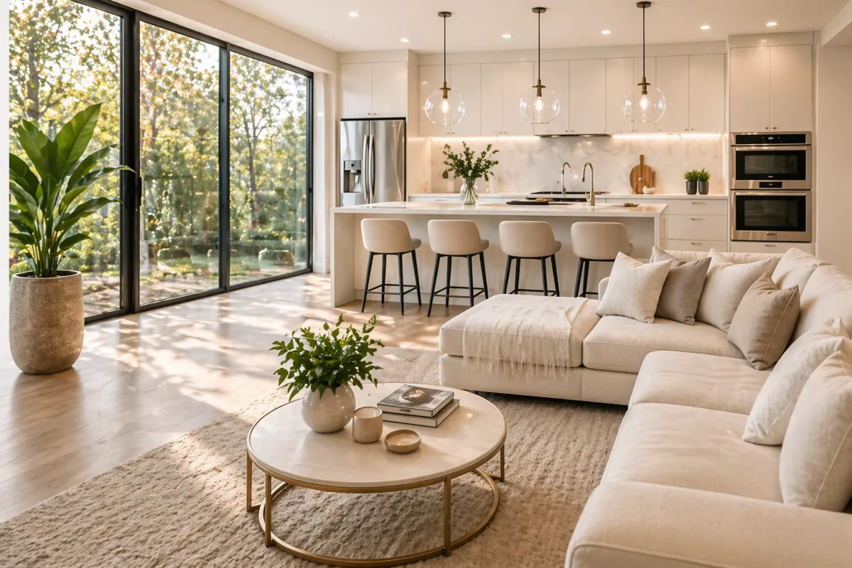 Hallway leading to a bright office with artwork