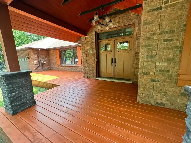 Porch: Rich red stain, painted by Turtle Painting