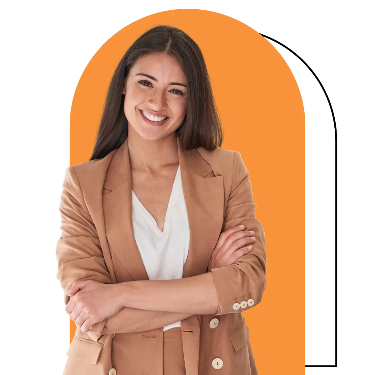 A woman smiling and folding her arms