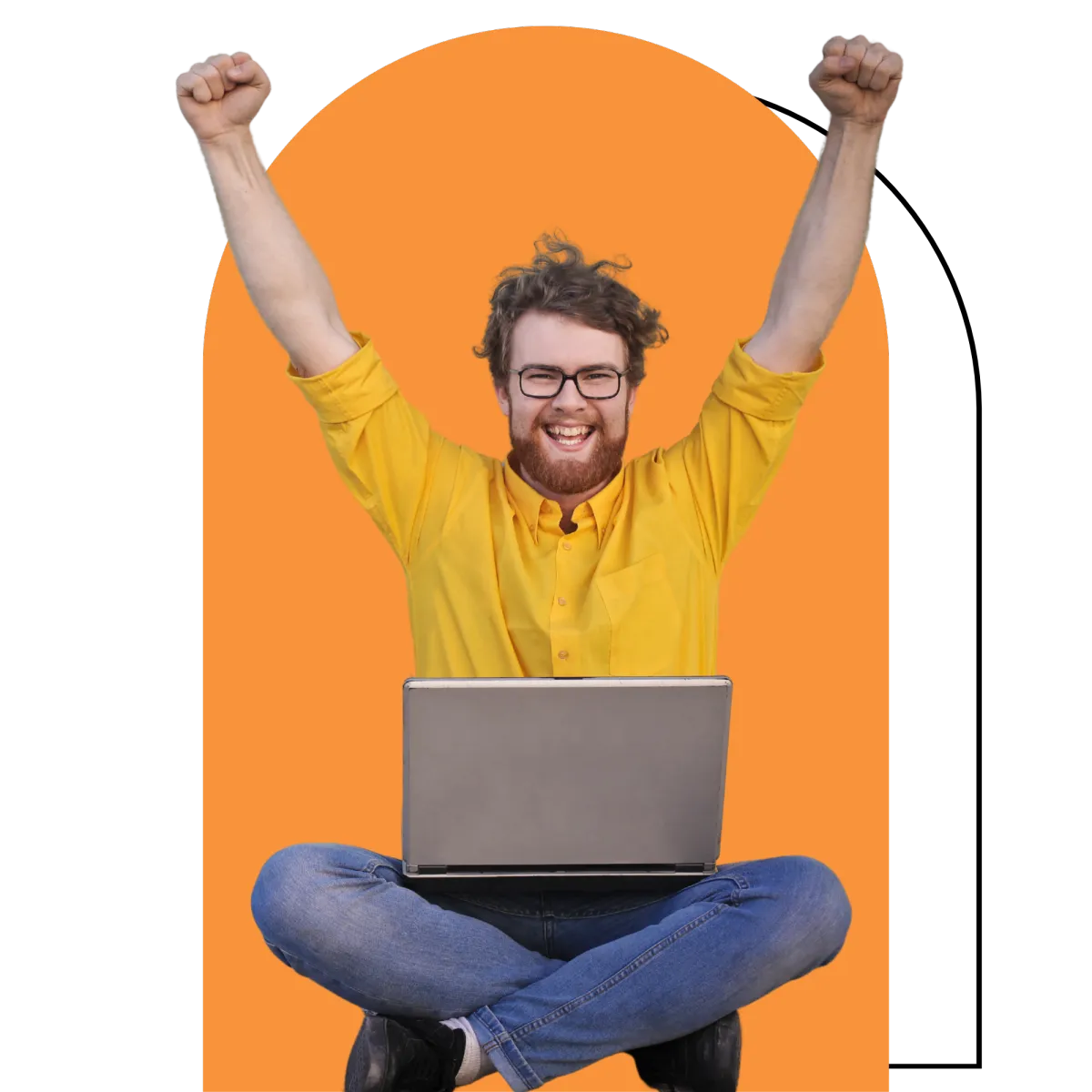 Man smiling with raised arms happy