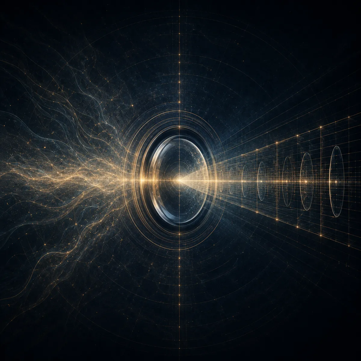 Geometric prisms refracting light, representing objective truth vs perception
