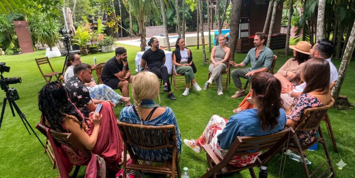A group of people sitting in a circle on a lush green lawn during an outdoor wellness retreat or workshop.