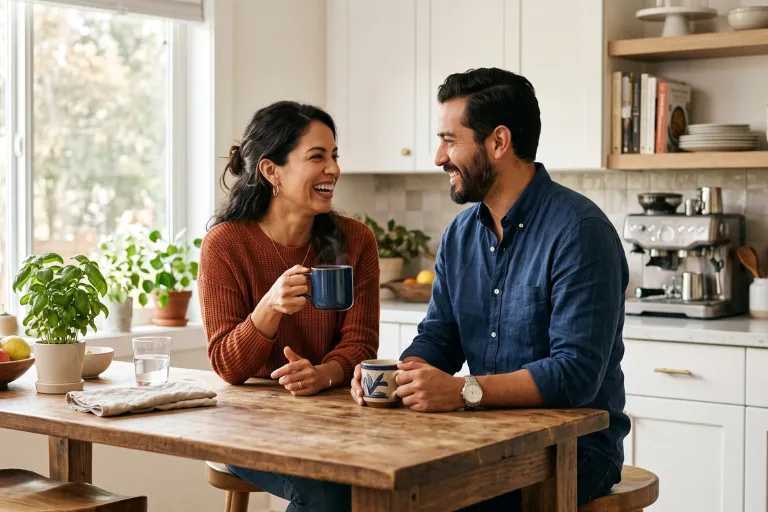 pareja conversando y tomando cafe en la cocina, estan hablando de El Buen Sexo