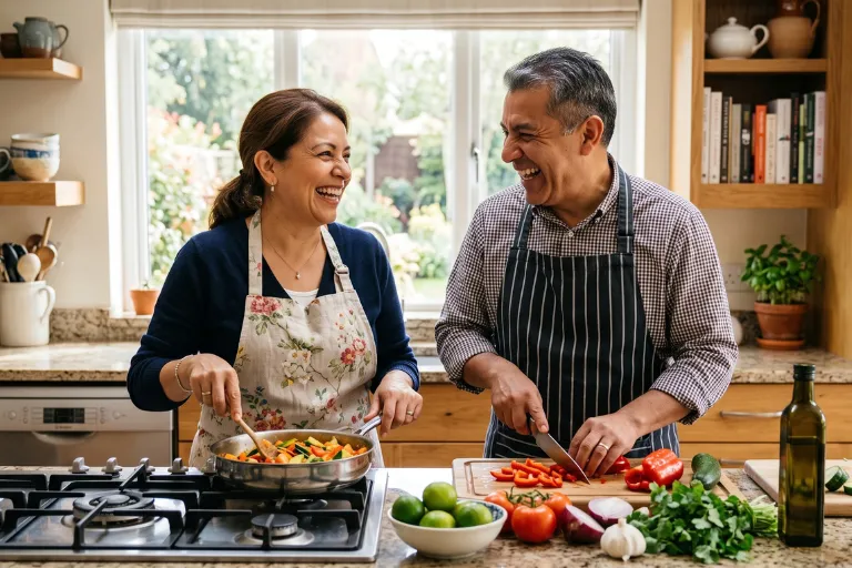 Matrimonio de unos cincuenta años cocinando juntos y riéndose en la cocina de casa