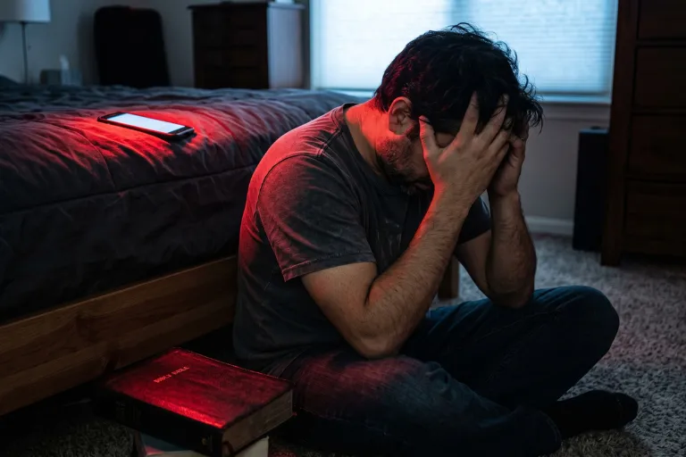 Hombre sentado en el suelo del dormitorio con la cabeza entre las manos, en una escena de culpa y soledad, con una Biblia cerrada y un teléfono sobre la cama
