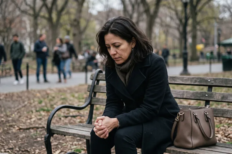 Mujer sentada sola en un parque con la mirada baja y las manos juntas, como imagen del peso de vivir algo en secreto