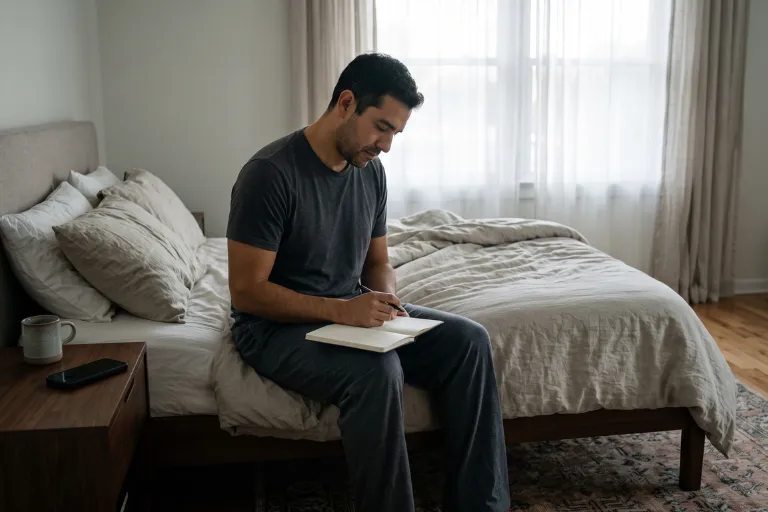 Hombre escribiendo en un cuaderno al amanecer, sentado en la cama, con el teléfono apagado sobre la mesita, como imagen del primer paso hacia un cambio