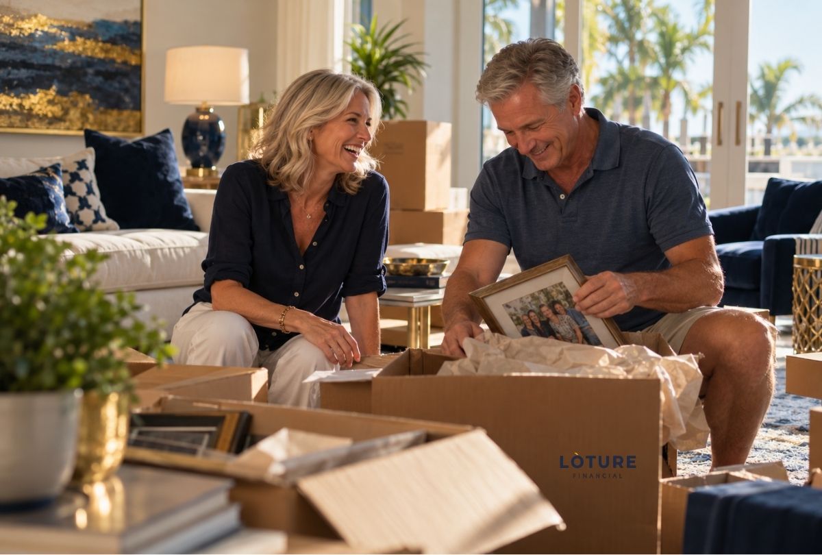 Couple in their sixties unpacking boxes in a Florida home after moving from New Jersey
