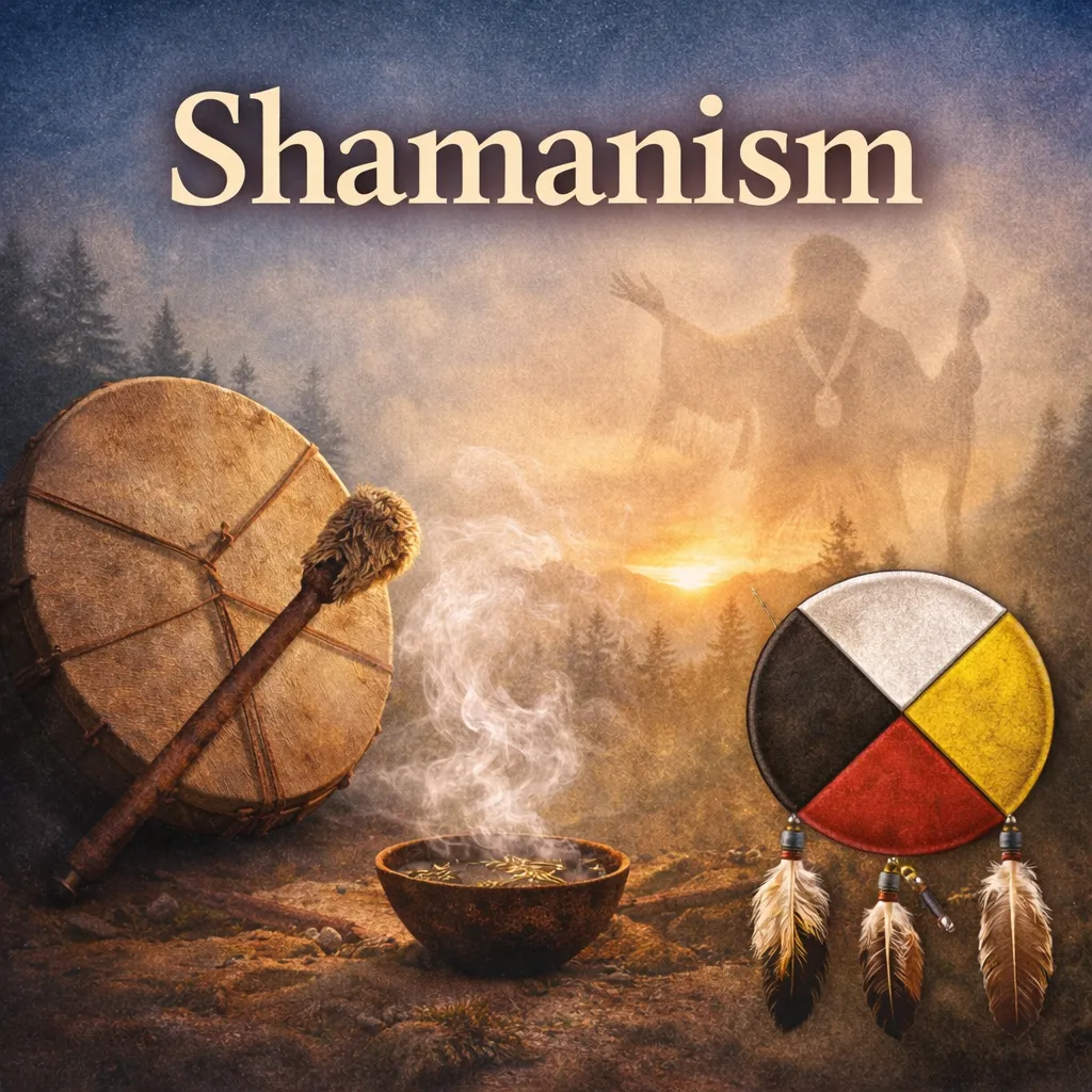 Shaman performing a sacred ceremony with drum and fire representing ancient shamanic healing traditions